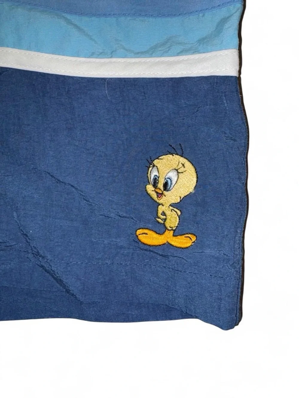 Vintage 1999 looney tunes tweety Navy Swim Trunks with Light Blue Stripes